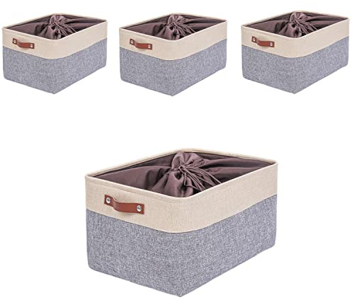 Mangata Fabric Storage Boxes, Thickened Canvas Storage Baskets with Handle for Shelves, Clothes Toys (XL, Grey/Beige, with Drawstring,4 Pcs)