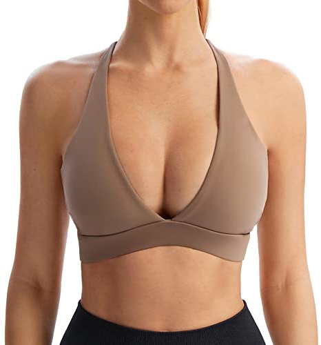 INIBUD Sports Bra for Women Push Up Strappy Workout Top Padded Deep V-Neck Triangle Bralettes with Support Gym(M,Brown)