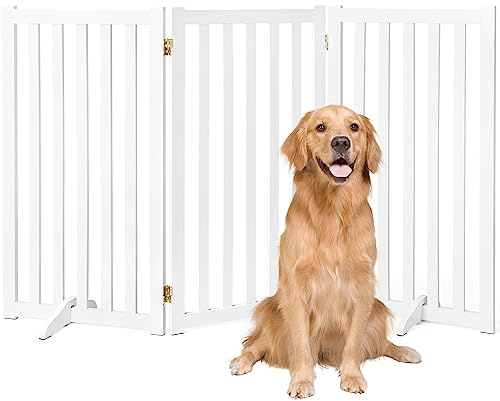 36 Height Extra Tall Freestanding Pet Gate, Solid Wood Folding Safety Fence Wooden Dog Gate with 2 PCs Support Feet Ideal for Stairs, Doorways, Halls, Kitchens, Heavy Duty Gates, 3 Panels, White