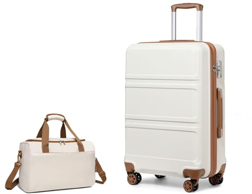 KONO Set di 2 Valigie Trolley Medio 66cm Rigida e Leggera ABS+PC Valigia con 4 Ruote Rotanti e Lucchetto TSA & Borsa da Viaggio Ryanair 40x30x20, Bianco Crema