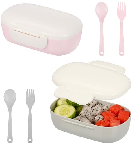 BELLE VOUS Lot de 2 Lunch Box Sans BPA 400ml - Boîte Alimentaire Gris et Rose avec Couverts, Micro-ondes et Lave-vaisselle - Tout-en-un pour Adulte, Repas à Emporter