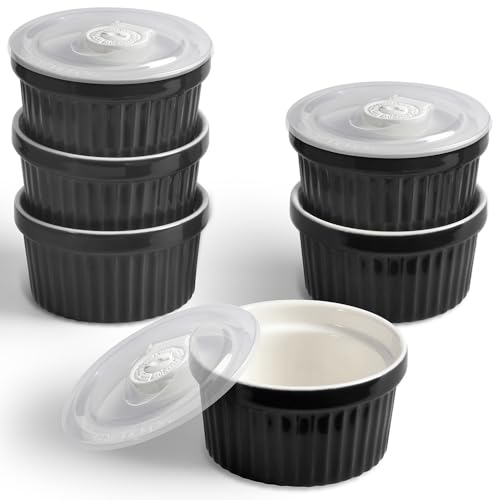 homEdge Auflaufförmchen-Set aus Porzellan mit Deckel, 240 ml Eisschale, Creme Brûlée Auflaufförmchen Soufflé-Tasse zum Backen, 6 Stück, Schwarz