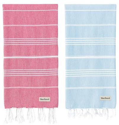 Blue Beach Turkish Towel - Juego de 2 toallas turcas grandes de 100 x 180 cm, superabsorbentes, de secado rápido, ligeras, compactas para natación, baño, gimnasio y viajes (azul cielo + fucshia)