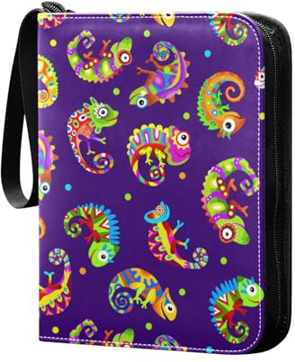 Chamäleons Sammelkartenalbum mit bunten Eidechsen, 4 Taschen, Kartenordner, 50 Seiten, 400 Karten, PU-Reißverschluss, Kartenbinder, Aufbewahrungshalter für Sportspielkarten