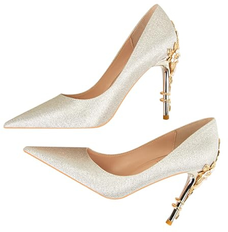 Bout Pointu Talon Aiguille Escarpins Femme Talon Haut Sexy 10cm À Talon Bloc Haute pour Bureau Mariages Fêtes Escarpins Ceremonie (39,Argent)