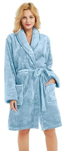U2SKIIN Women Fleece Robe, Short Cozy Plush Robes for Womens Soft Shawl Collar Warm Spa Bathrobe(Light Blue, S/M)