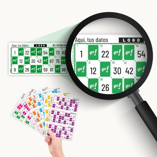 BINGO ESCOPRINT - 504 Cartones Bingo Troquelados Personalizables con Tus Datos y Logo o Foto | Juego de Bingo PC de Regalo | Juego de Mesa | 90 Bolas | Reutilizable | Adultos, Familias y Asociaciones