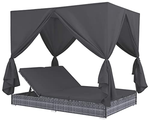 Hommdiy Sonnenliege Vorhänge Poly Rattan Doppelliege Gartenliege Liegestuhl Grau