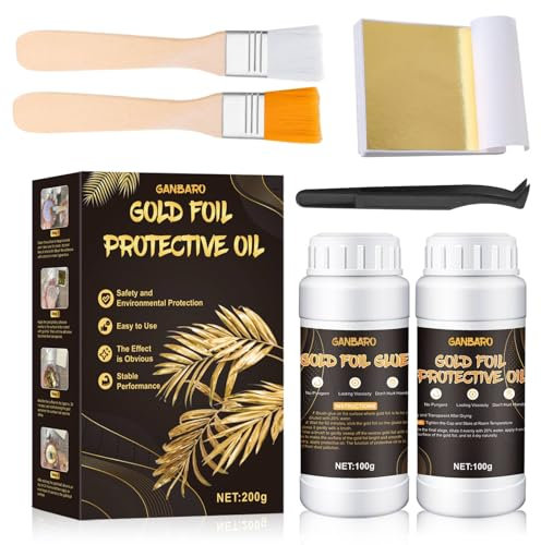 ALLONY Anlegemilch für Blattgold, Blattgold Kleber Set, Blattgold zum Basteln, 100g Kleber und 100g Wasserbasierter Schutzfarbe, 100 Stück Blattgold für Malen, Vergoldung, Heimdekoration