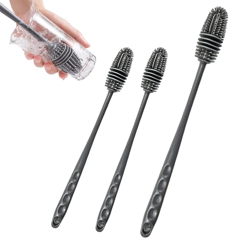 3 Stück Flaschenbürste Silikon, Langgriff Flaschenbürste Flaschenreiniger, flaschenbürste lang 32 cm und 26 cm Gläserbürste Küche Bürste Reinigungsbürste für Flaschen Glastassen(Grau)