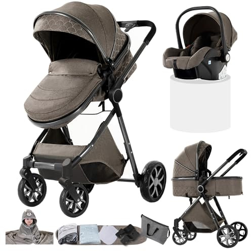 Doraystar 3-i-1-barnvagn med två vändbara trycklägen, vikbar design med ett klick, stor bekväm barnvagn (V9 choklad)