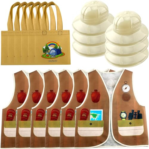 Costume d'explorateur 18 pièces pour enfants comprenant 6 gilets d'explorateur safari, 6 chapeaux d'aventure en plastique, 6 sacs fourre-tout pour garçons et filles, activités de plein air