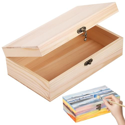 Starvortex Unfinished Wooden Box with Lid, 25x15x8cm Small Wooden Box with Hinged Lid & Locking Clasp, Pine Wood Small Wood Crate Boxs, Arts and Crafts Storage Box for Home Table Decoration Keepsake