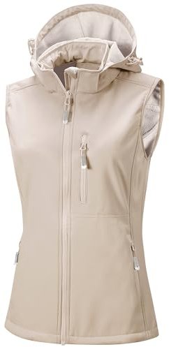 33,000ft Gilet softshell pour femme avec capuche amovible en polaire, sans manches, imperméable, coupe-vent, avec 5 poches, pour l'équitation, la course, la randonnée, 4XL