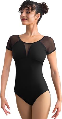 DANSHOW Women Dance Leotard Short Sleeve Mesh Ballet，Built-in Chest Pads Pockets And Roud Back Black Bodysuit(237105-06-L)