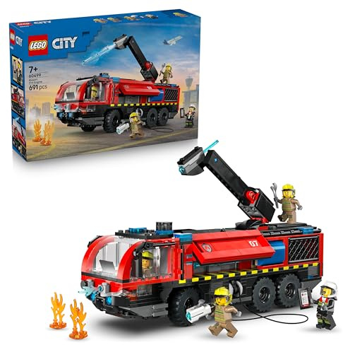 LEGO City Airport Fire Engine Truck Toy - Emergency Vehicle Model Kit w/ 4 Firefighter Minifigures - Birthday Gift Idea for 7+ Year Old Boys & Engineering Fans - 60499