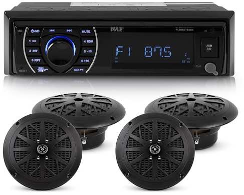 Pyle Marine Head Unit Receiver Speaker Kit - In-Dash LCD Digital Stereo Built-in Bluetooth & Microphone w/ AM FM Radio System 6.5’’ Waterproof Speakers (4) MP3/SD Readers & Remote Control -PLMRKT48BK
