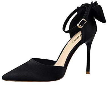 Damer hög klack stängd tå spetsig båge fluga pumps Mary Janes bröllop fest brudskor stilettos, svart, 42 EU