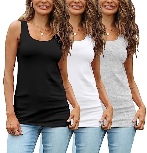 TAIPOVE Long Tank Tops for Women Summer Sleeveless Tunic Layerings Shirt Cotton Basic Cami Black White Grey Large