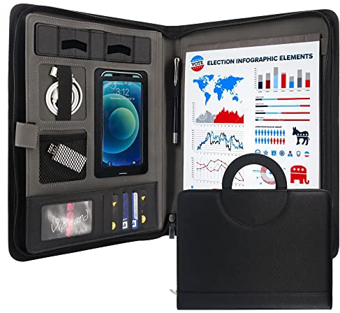 GraduatePro Schreibmappe A4 Leder Dokumentenmappe Business Tablet Mappe Ordner Klemmbrettmappe mit Deckel Organizer Reißverschluss Portfolio Schwarz