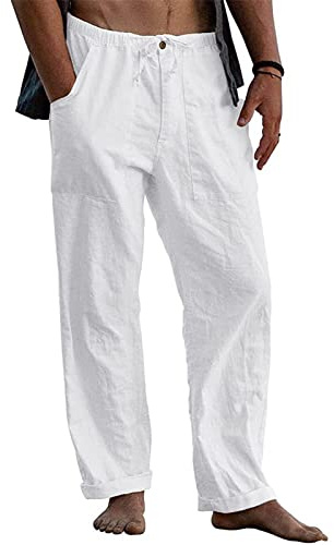 Halfword herr linne lösa byxor yogabyxor vardag strand dragsko elastisk midja lätta träningsbyxor, Vitt, 5XL