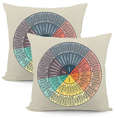Set of 2 Wheel of Emotions Feelings Chart Velvet Throw Pillow Covers Cozy Pillowcases Home Decor for Bed Couch Sofa Therapy Office Living Room Cushion Cover Counselor Physical Therapist Gifts 18X18