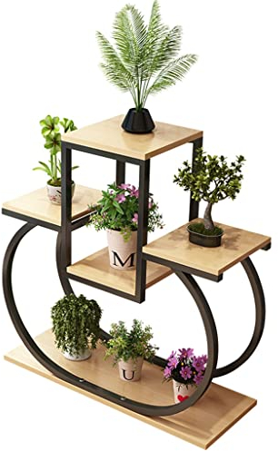 GIZNXBA Blumenständer Fensterbank 5-stufiger Blumenregal Holz Mit Metallgestell, Blumentreppe Pflanzentreppe Eckregal, Blumenbank Für Draußen Balkon Innen Außen (Color : /Natural A)