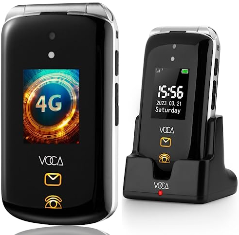 VOCA Großtasten-Klapphandy für Senioren | Dual-Screen | 4G LTE | Lauter Klang | SOS-Taste | Hörgerätekompatibilität | Ladestation | Vorhersagetext | V543 (Schwarz)