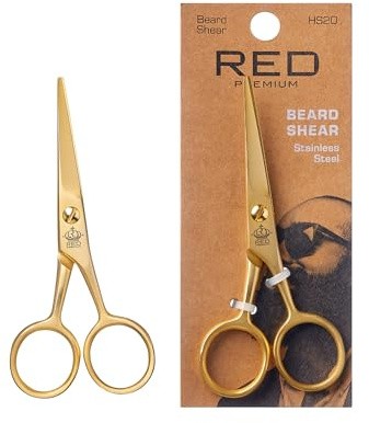 RED by Kiss Premium Stainless Steel Men Beard Shear, Grooming Facial Hair Trimmer Scissors with Sharp Edge for Mustache Beard & Sideburns Precision, No Pulling, Control & Comfort with Perfect Size