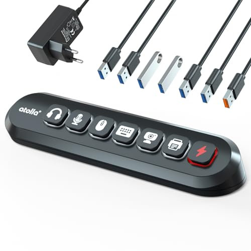 atolla Hub USB, 7 Puertos Multi USB 3.0 Hub con interruptores de Iconos Individualmente y Adaptador de 12V / 3A, 6 Botones enchufables de Repuesto con Iconos, para Windows, macOS, ChromeOS y Linux