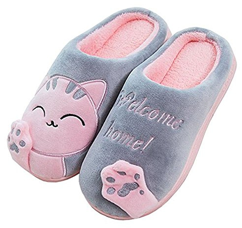 Cliont Zapatillas de Gato Lindo Zapatillas de Invierno de Interior Zapatos Antideslizantes Mujeres y Hombres Gris,41/42 EU(Tamaño del fabricante 42/43)