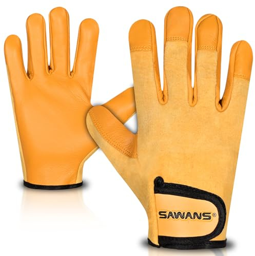 SAWANS Gants de jardinage en cuir pour hommes et femmes, résistants aux épines, flexibles, respirants et robustes, gants de protection pour mécanicien, gants de travail polyvalents (Jaune, XL)