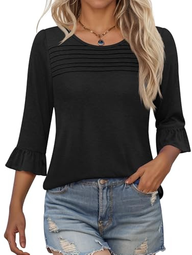 Kistore Womens Summer Tops Ladies Blouses Round Neck T Shirt 3/4 Length Ruffle Sleeves Oversized Cute Tunic Shirts Black XXL