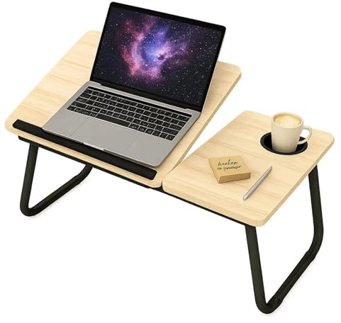 Laptop Bed Table with Foldable Legs & Cup Holder - Adjustable Folding Laptop Desk for Bed, Sofa, Floor or Office - Portable Lap Desk Tray with Book & Notebook Stand (White)