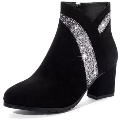 Elyffany Woman Fashion Block Chunky Heel Ankle Booties Round Toe Side Zipper Dress Boots
