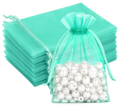 G2PLUS Turquoise Green Organza Gift Pouches 13x18 cm: Medium Favor Bags | 50 PCS Wedding Jewelry Bags, Clear Mesh Pouches Perfect for Wedding, Christmas, Birthday, Anniversary
