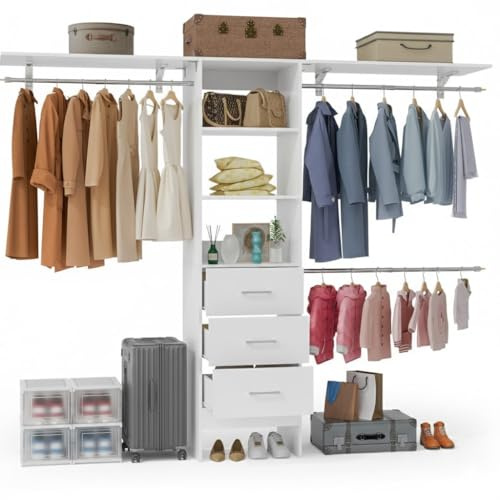 PatioPerk 11 Ft Expandable Closet System, 6.7 Ft High Wood Closet Organizer with 2 Drawers & 1 Hanging Rods, Modular Wardrobe Storage Rack with Adjustable Shelves for Walk-in Bedroom, White