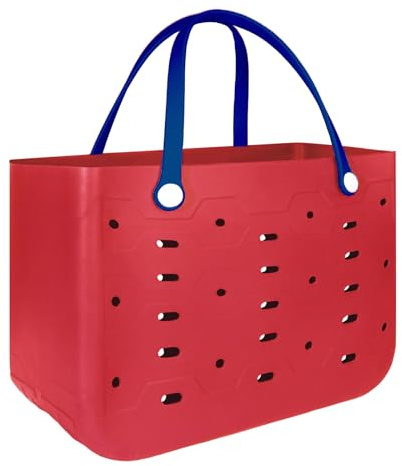 PoVwlty X-Large Rubber Beach Bag for Men & Women, Large Capacity Travel Tote Bag for the Beach Boat Pool (Red & Navy)