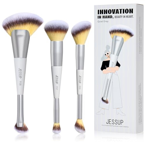 Jessup pennelli trucco viso Set di 3, pennelli a doppia punta fondotinta contorno occhi fard illuminante correttore strumenti cosmetici grigio silenzioso T521