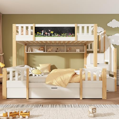 Letto a Castello per Bambini 90x200 e 140x200 CM, Letto a Soppalco con Lavagna, Scaletta Portaoggetti, Cassetti e Scaffale Aperto a Tre Scomparti, Struttura del letto in Legno (Senza Materasso)