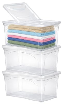 MA MAISON Set 3PZ Contenitore in Plastica Resistente - Trasparente, con Coperchio Bianco, per Vestiti, Portaoggetti, Adatto per Armadi, Garage, Organizer, con Maniglia, Ruote - (60X40X28h CM)