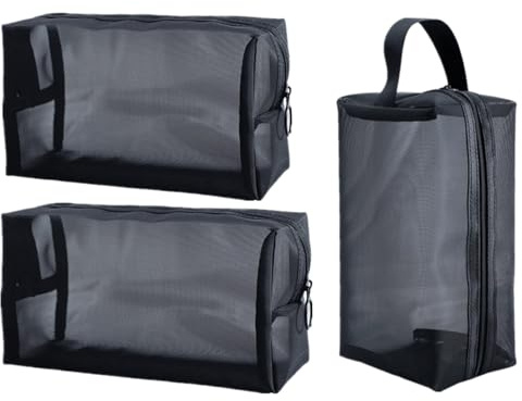 JOINPAYA Bolsa de Cosméticos de Malla Negra, Neceser de Viaje 3 Piezas, Bolsa de Almacenamiento de Maquillaje Portátil, Organizador para Higiene Personal y Artículos de Tocador