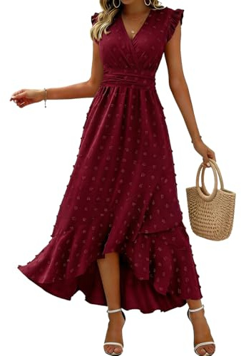 KUNJLELP Robe Femme Chic et Elegant Col V Manches Courtes Robe D'été Taille Haute Élastique Robe de Plage Vacances Fête Mariage Aniversaire