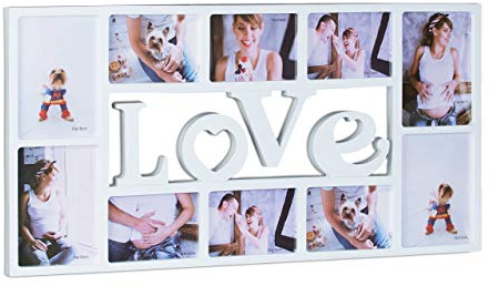 Relaxdays Cornice Collage, Multifoto, LOVE, Porta Fotografie per 10 Foto, Plastica, HxLxP: 36,5 x 72 x 2 cm, Bianco