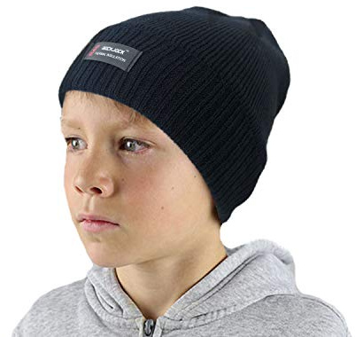 RockJock Boys R40 Thermal Insulation Warm Winter Beanie Hat with Fleece Lining for School, Sports, Walking Black