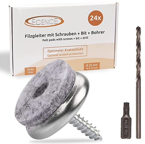 ECENCE Filzgleiter mit Torx- Schrauben 20mm/0.79inch, 24 Stück Möbelgleiter + Torxbit + Bohrer, hochwertig & langlebig, Stuhlbeinschoner ideal für Möbel, Stühle und Tische