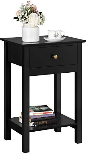Yaheetech Black Bedside Table with Drawer and Bottom Storage Shelf, Wooden Nightstand Cabinet Storage Unit for Bedroom Living Room, 30x40x61cm