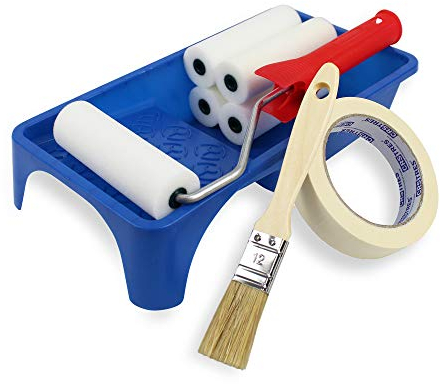 Rodillo Pintura Pequeño + 5 Recambios de Espuma de 11cm + Bandeja de pintura + Pincel + Cinta de carrocero.