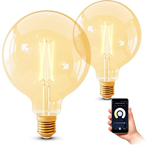 SSC-LUXon 2er Pack smart E27 Vintage Globe Filament LED Lampe kompatibel mit Alexa & Google - WLAN Glühbirne dimmbar CCT 2200-5500K