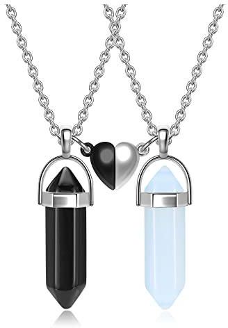 JSDDE 2 Stück Hexagon Säulen Anhänger Halskette mit Herz Magnet Anhänger Set Pärchen Anhänger aus Heilstein Paare Kette Partner Kette Glücksbringer Schmuck für Liebhaber Freund